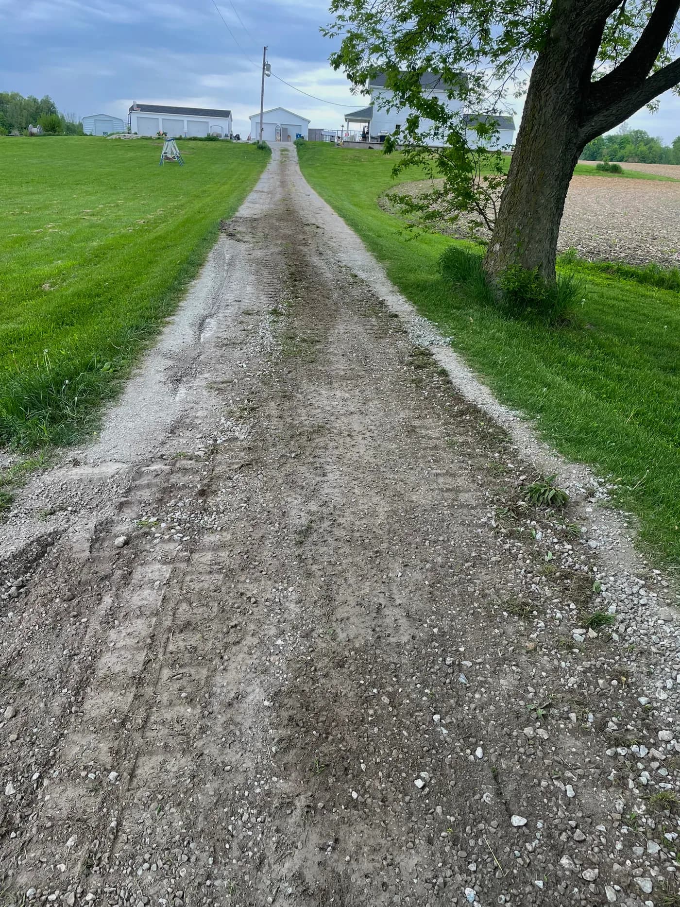 Rutted farm drive before grading and fresh gravel